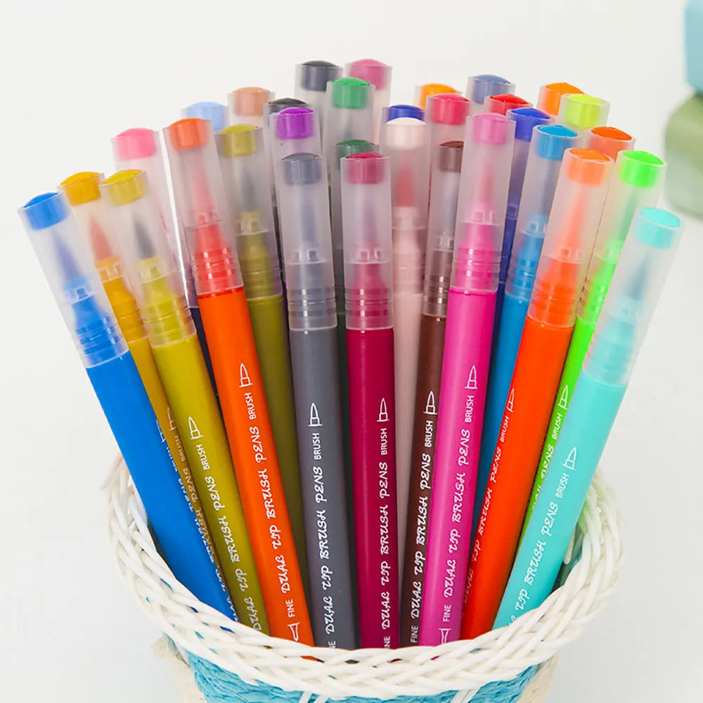 Set of 48 double-ended watercolour pens with soft tips and fine nibs in a plastic storage box.