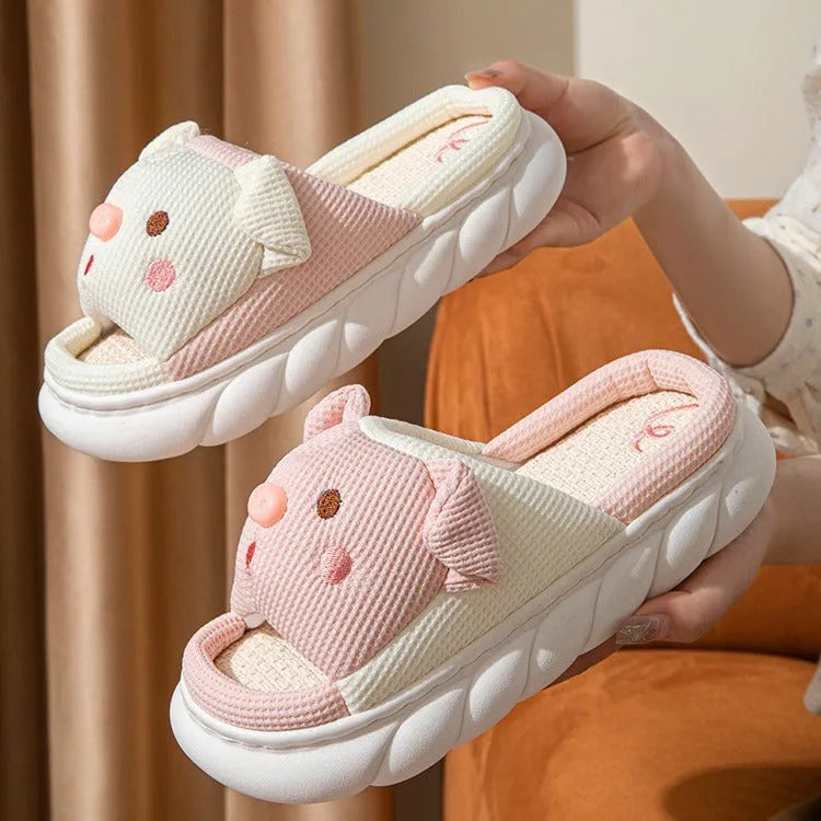 Piggy cute open-toe linen slippers for couples in white, pink, black, and brown colours.