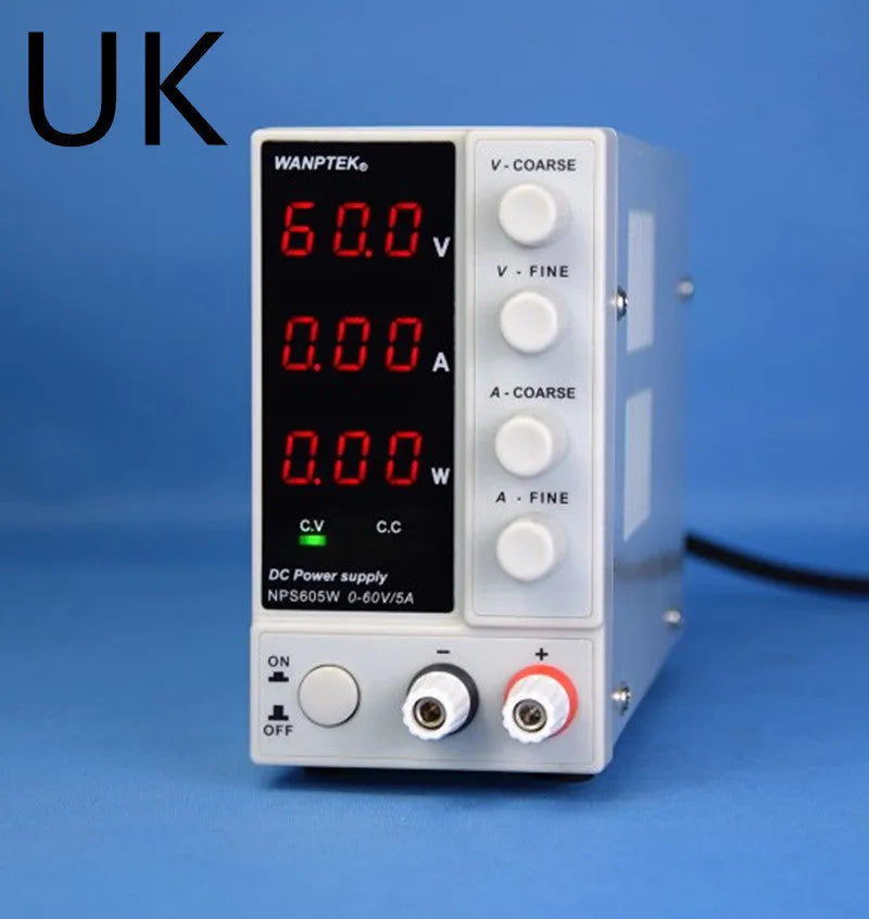 White S605W adjustable DC laboratory bench power supply unit with voltage and current dials.
