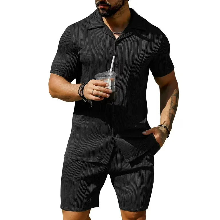 Men's black wave pattern short sleeve shorts suit for summer casual wear