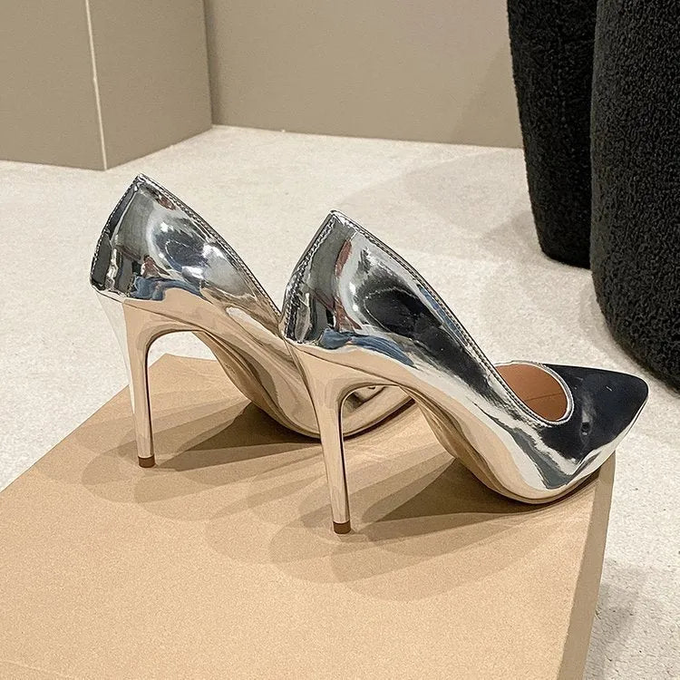 Gold and silver women's pointed toe slip-on stiletto heels with 8cm and 10cm heel height options.