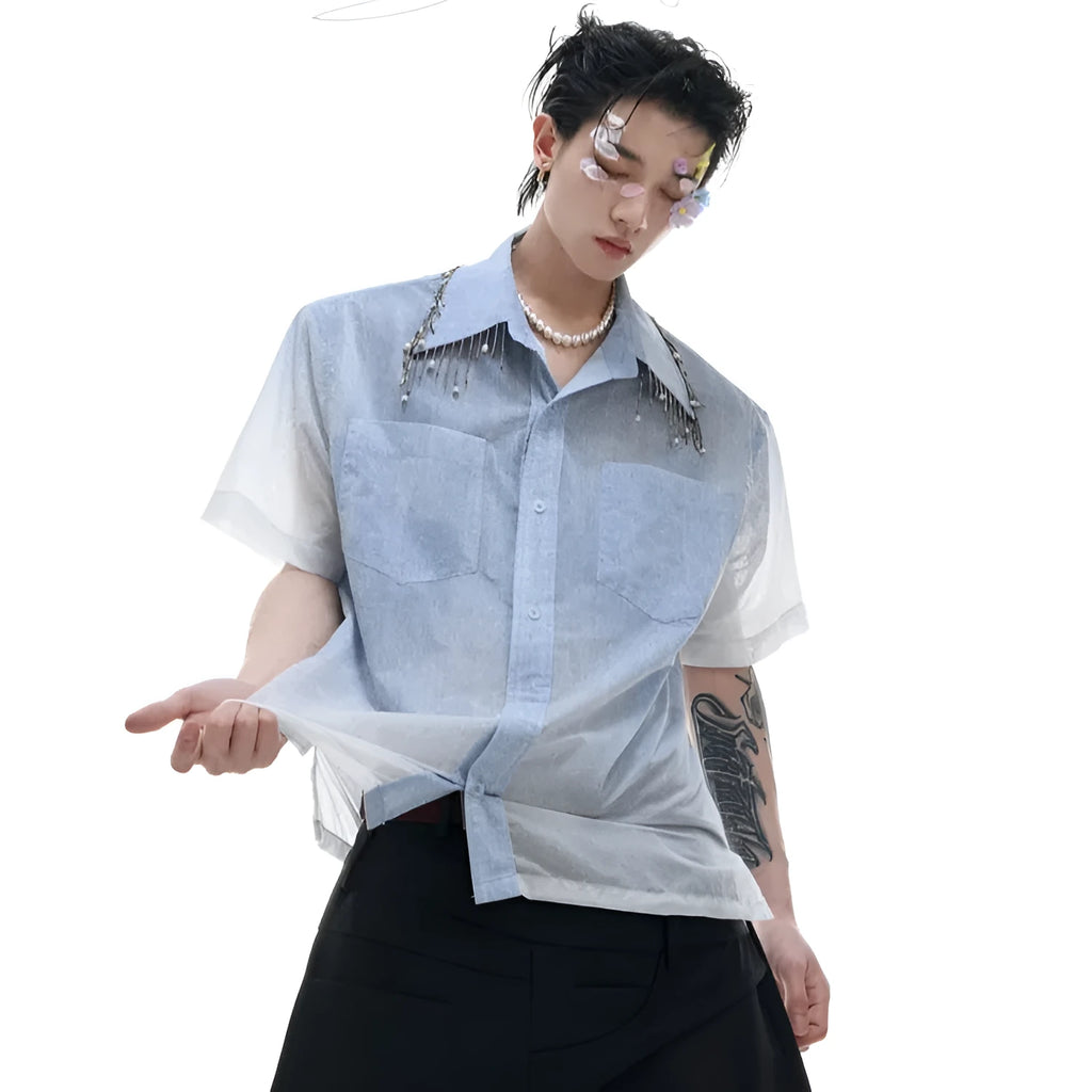 Men's loose blue and white gradient short sleeve casual shirt