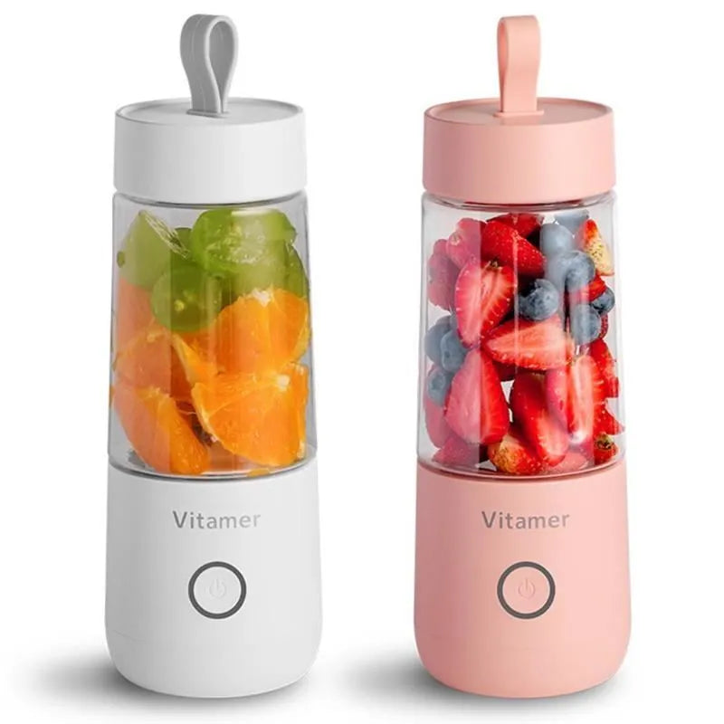 White portable USB rechargeable blender bottle with silicone carry ring, 350ml Tritan cup, and stainless steel blades.