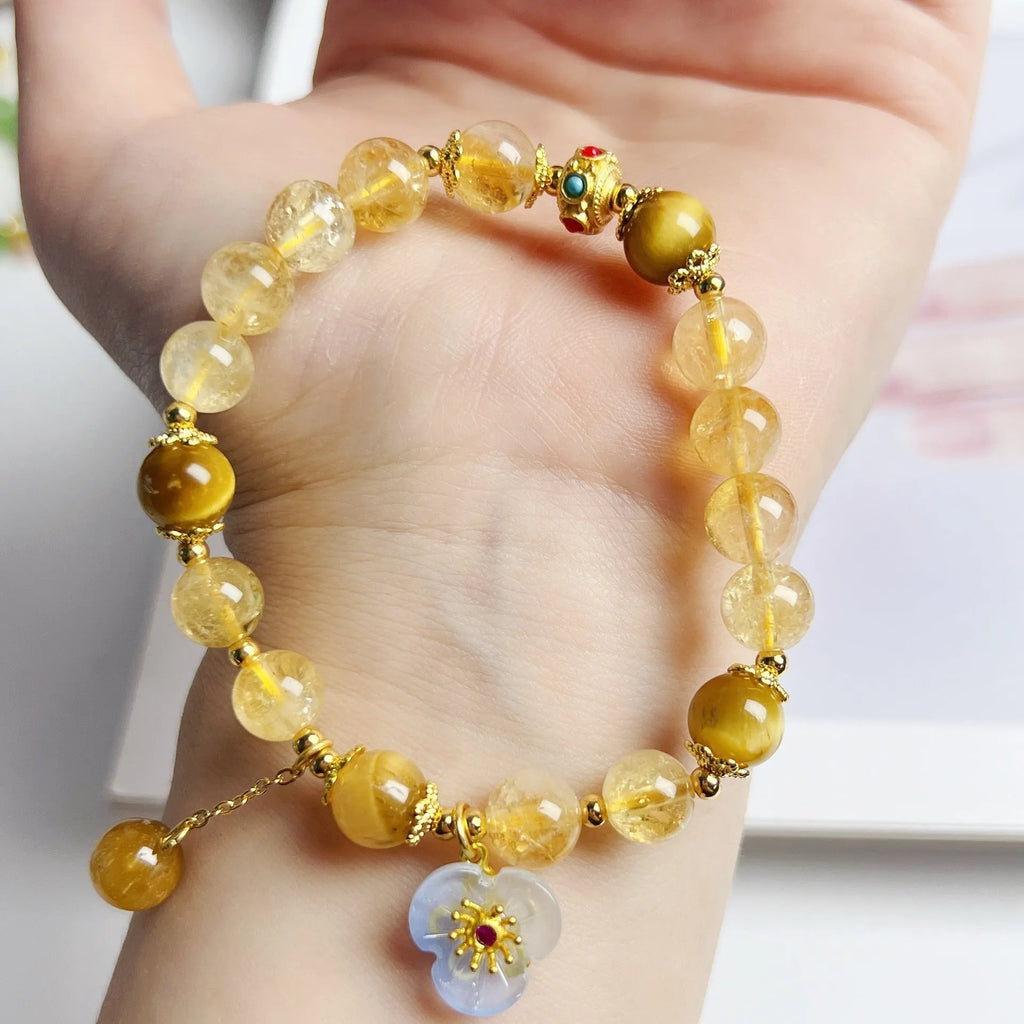 Yellow citrine crystal bracelet with flower tassel decoration for women