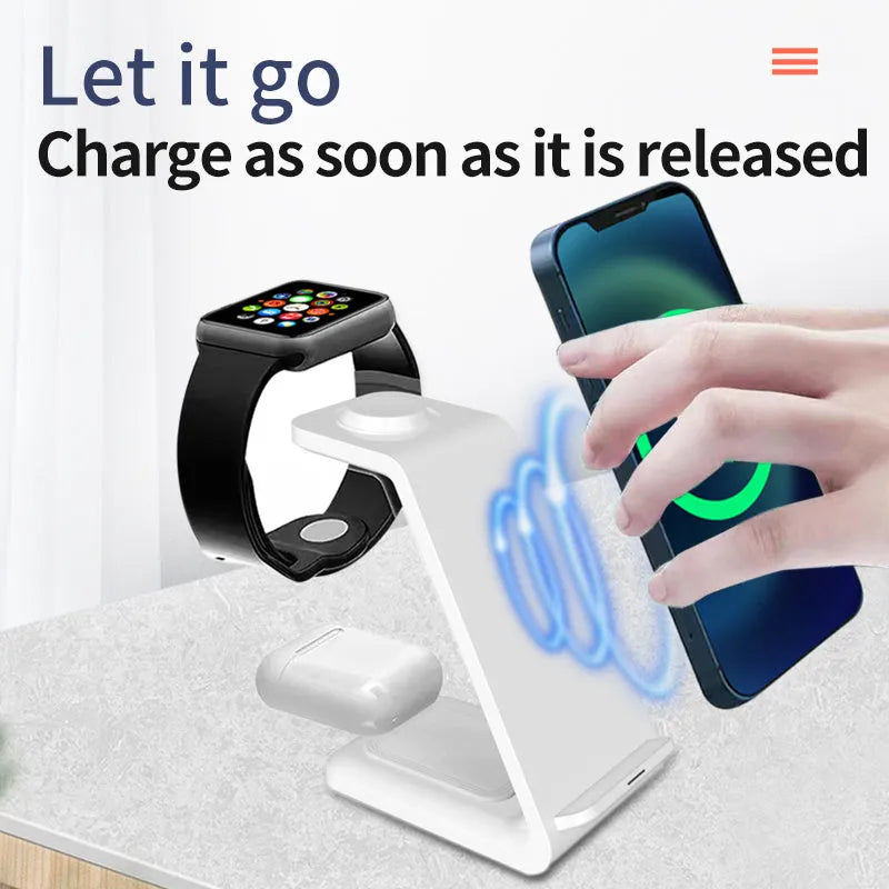 Black and white 3-in-1 upright wireless phone charger stand on a desk.
