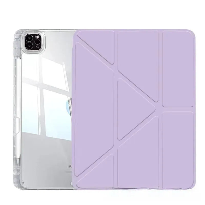 Transparent acrylic iPad protective cover with built-in folding stand in multiple colour options