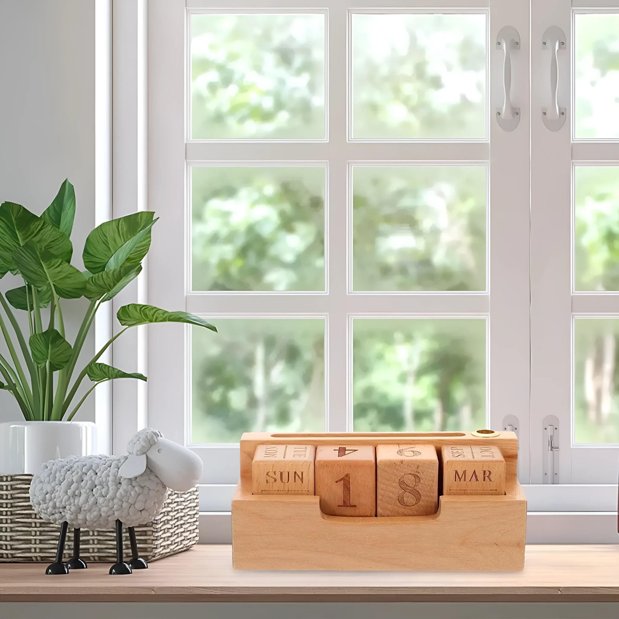 Solid wood creative simple desk calendar cube in large and small size options.
