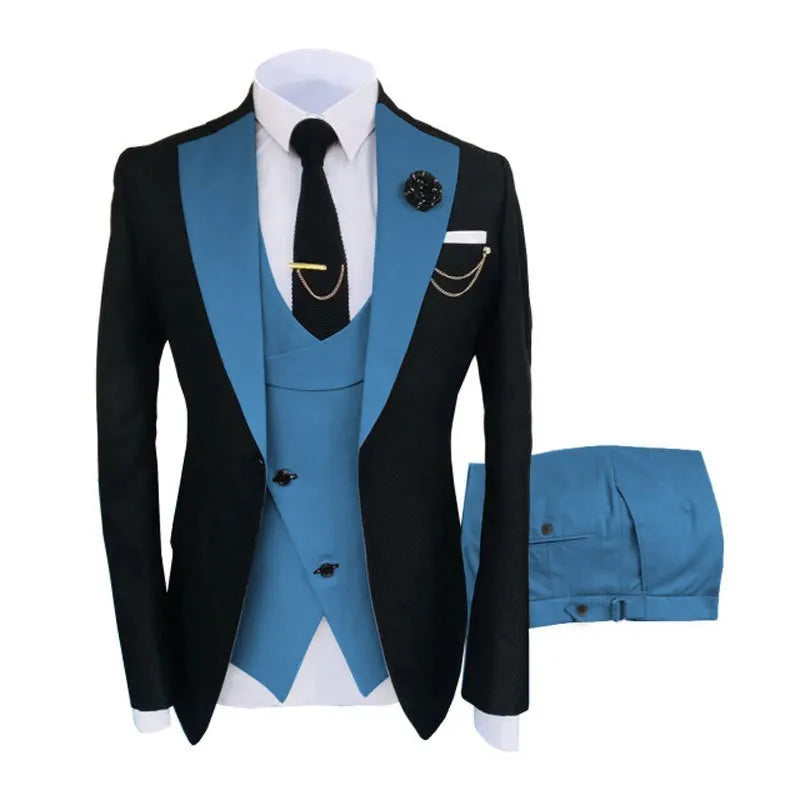 Men's slim fit three-piece business suit in cotton fabric with coat vest trousers