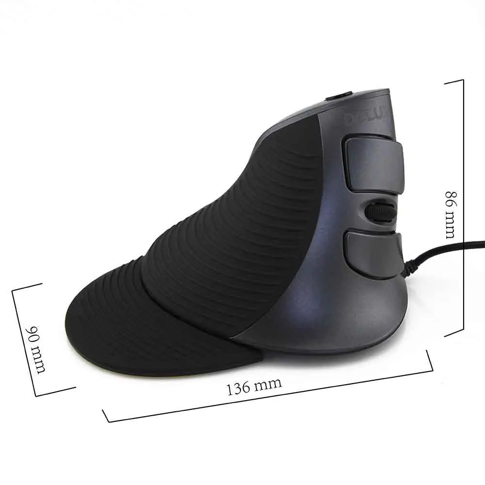 Black and white ergonomic vertical wired optical mouse for desktop computers with natural handshake grip