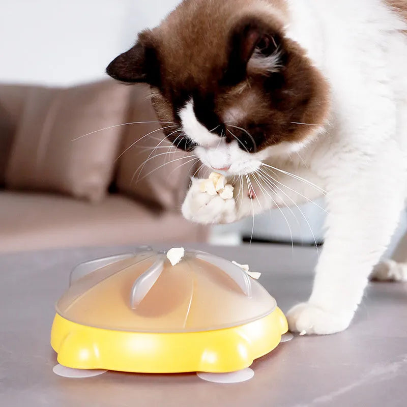Yellow durable plastic cat snack bowl with divided compartments for foraging and slow feeding.