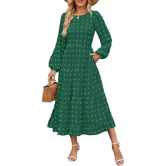 Long sleeve casual dress with round neck, high waist, and ruffle sleeves in a solid colour.