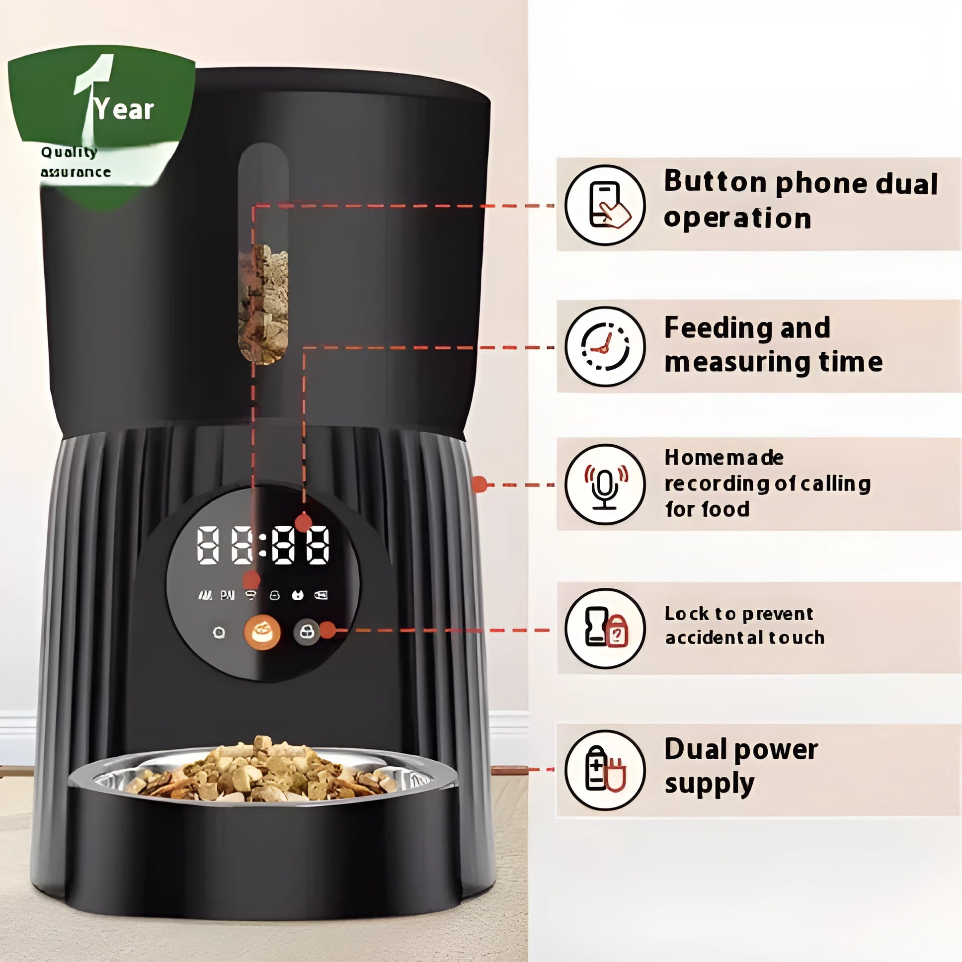 Black automatic pet feeder with smartphone showing feeding schedule and portion control settings