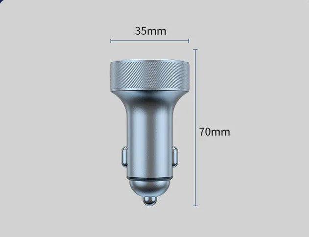 Black aluminium alloy car charger with digital display and three cigarette lighter ports.