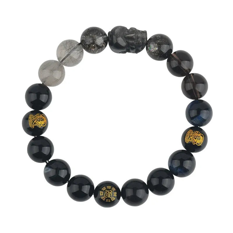 Handmade five elements natural crystal bracelet showing geometric beads in gold, wood, water, fire, and soil colours.