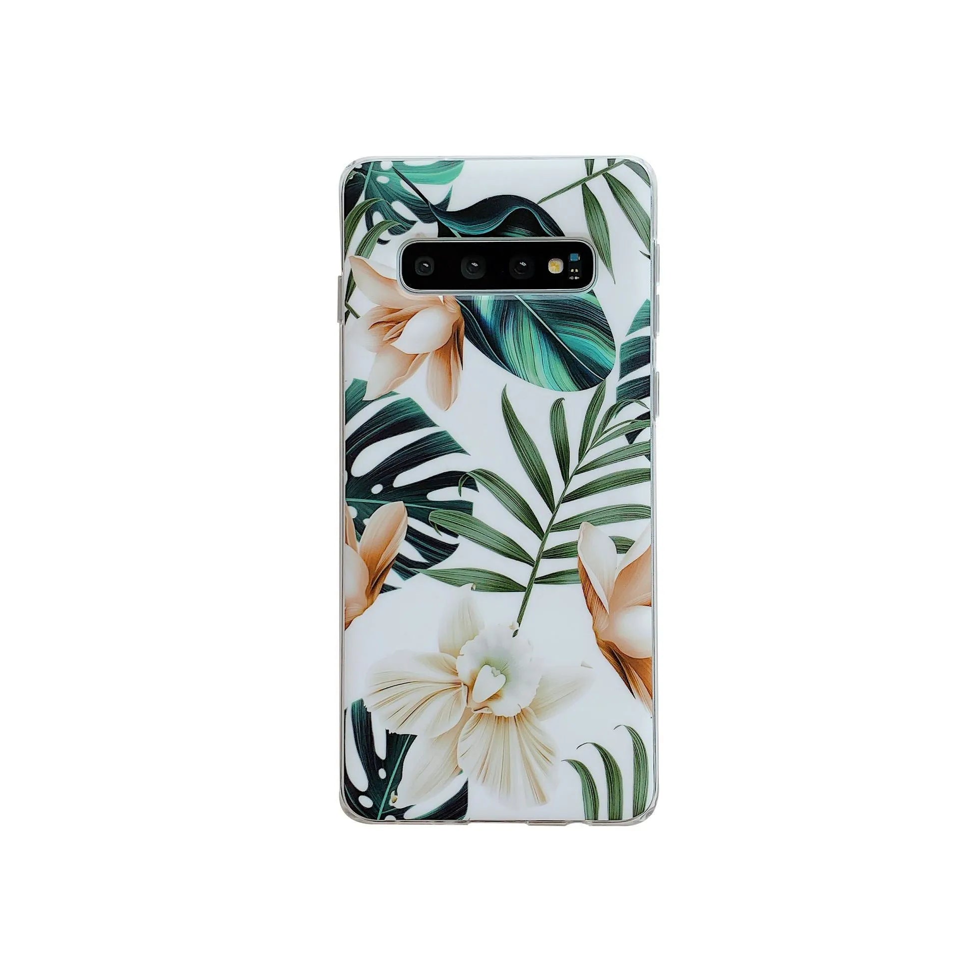 Samsung Galaxy phone case with green leaf flower design on TPU material.