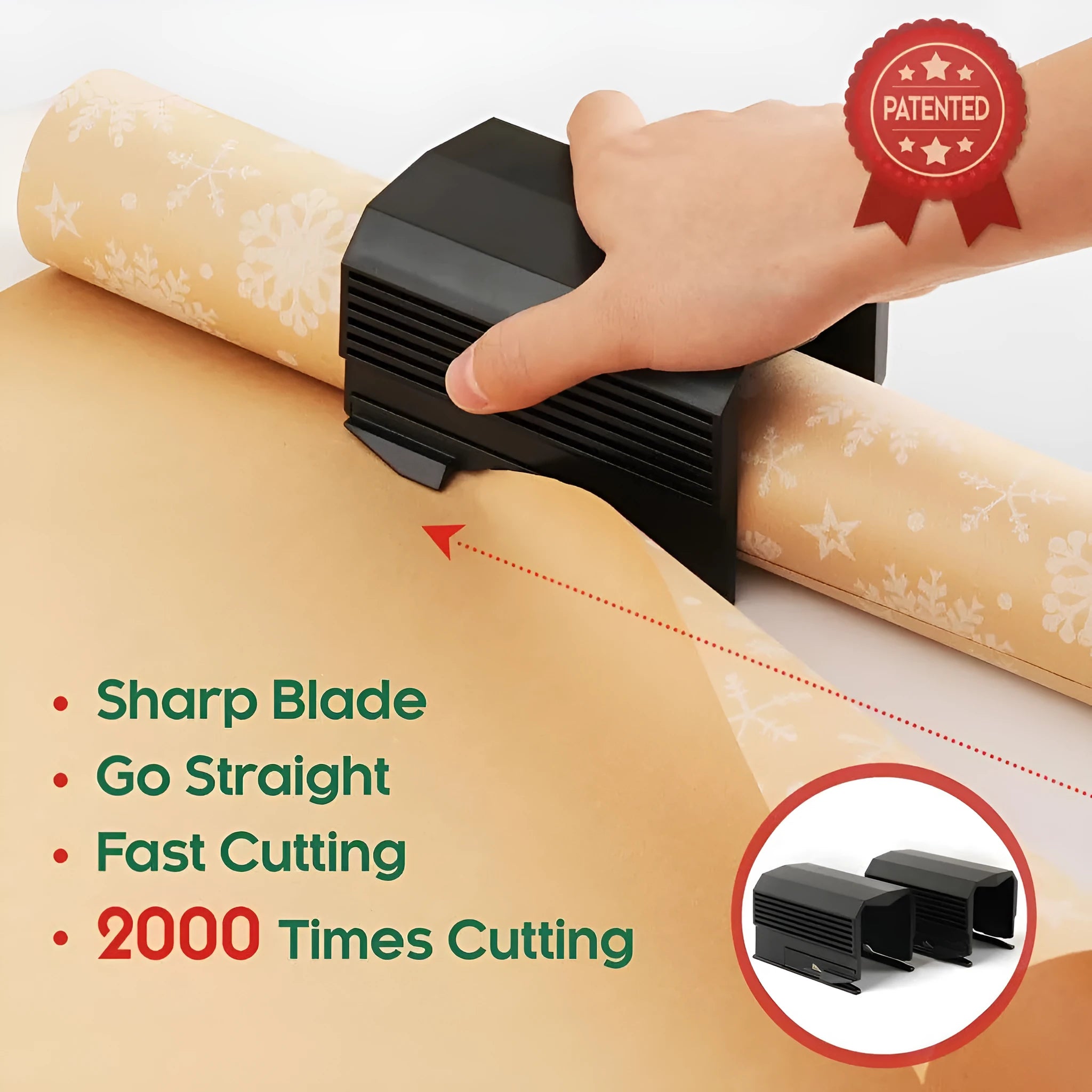 Plastic paper cutter for roll paper and scroll packaging in black, red, or green