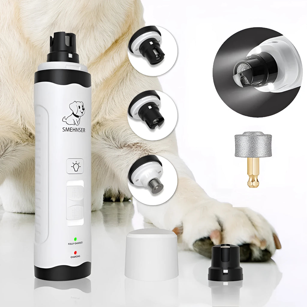 3-speed LED electric dog nail trimmer grinder with dust collection compartment and display.