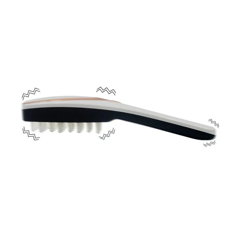 Iridescent scalp massager with push-button control, three speed gears, and USB charging cable on white background