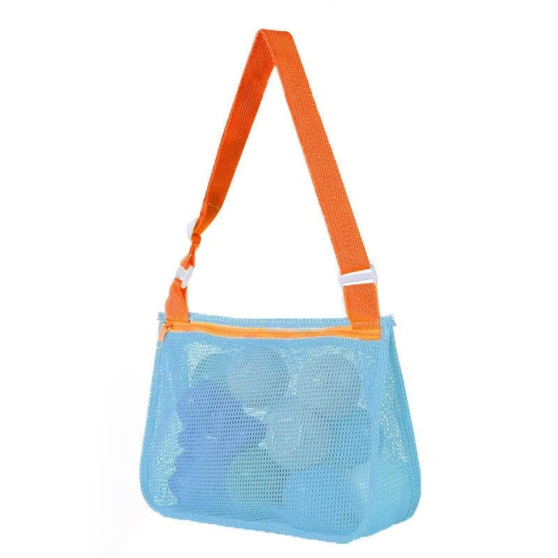 Blue nylon mesh travel storage organiser bag for children's toys and clothing, sealed, measuring 20x25x8cm.