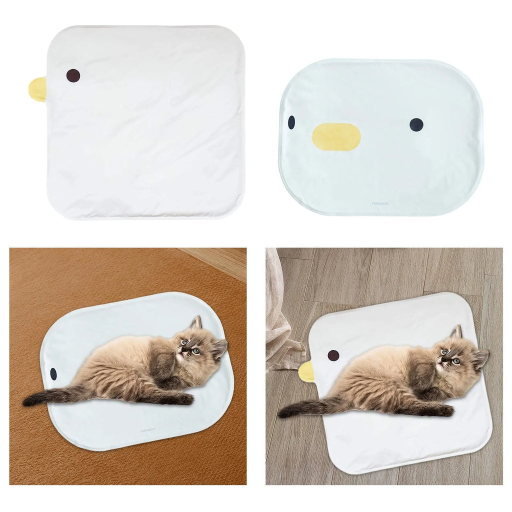 Washable chick-shaped pet cooling mat with non-stick surface next to an oval-shaped option.