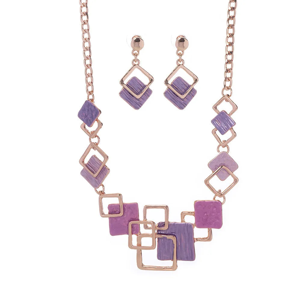 Alloy necklace and earrings set with geometric square oil drip pendant and curb chain