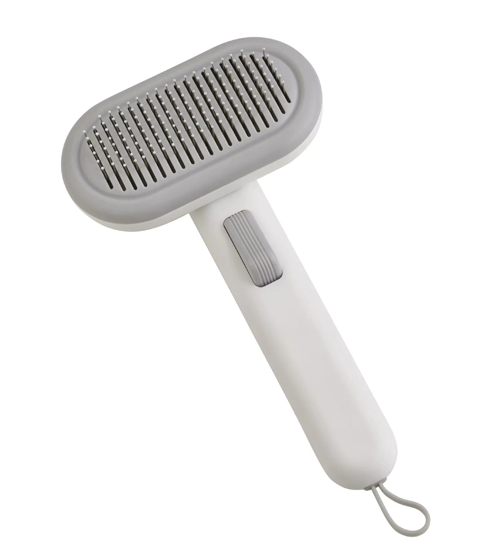 Large light grey pet grooming comb with stainless steel teeth and integrated tools for cat and dog hair removal.