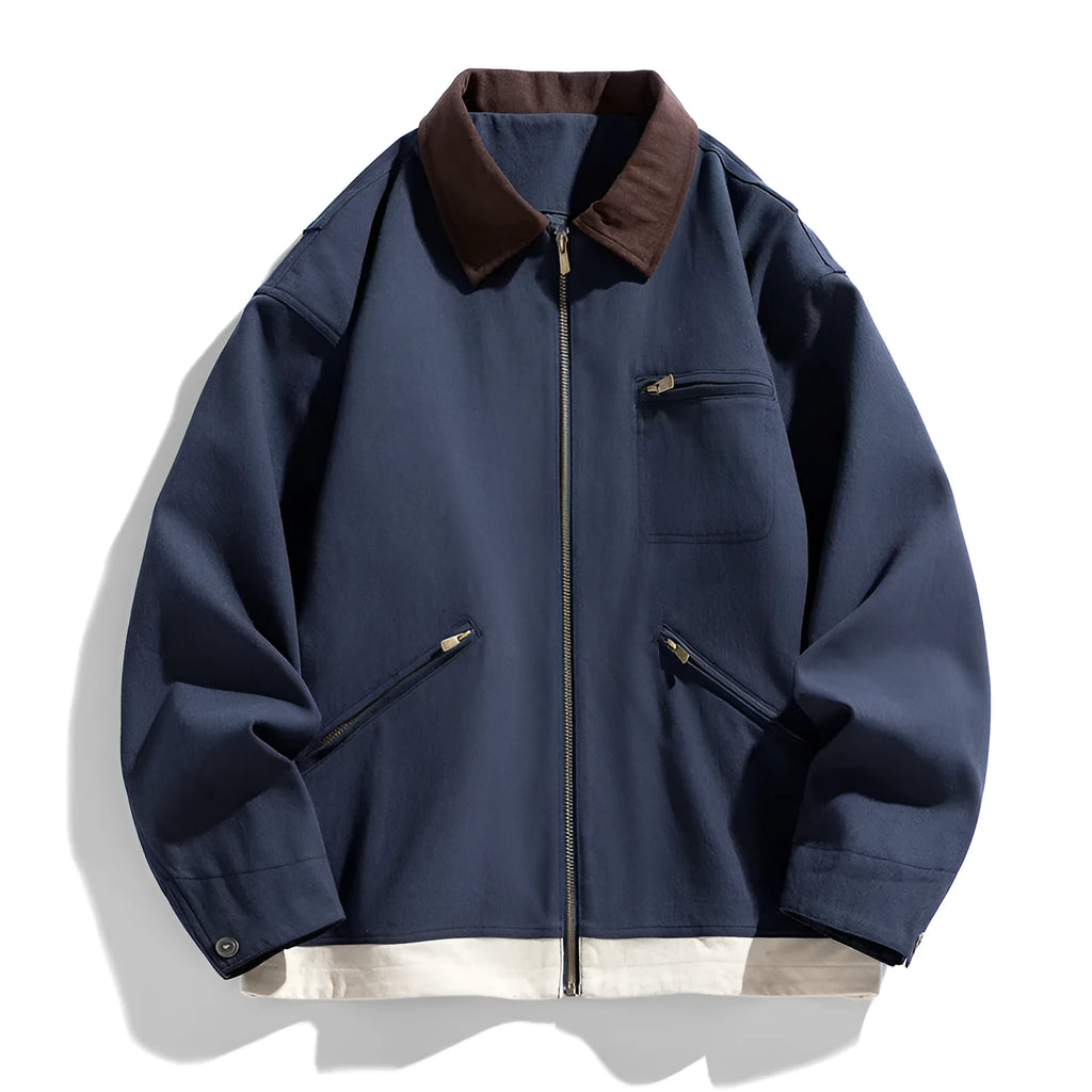 Men's loose-fit Korean-style workwear jacket with contrast colour lapels and side pockets