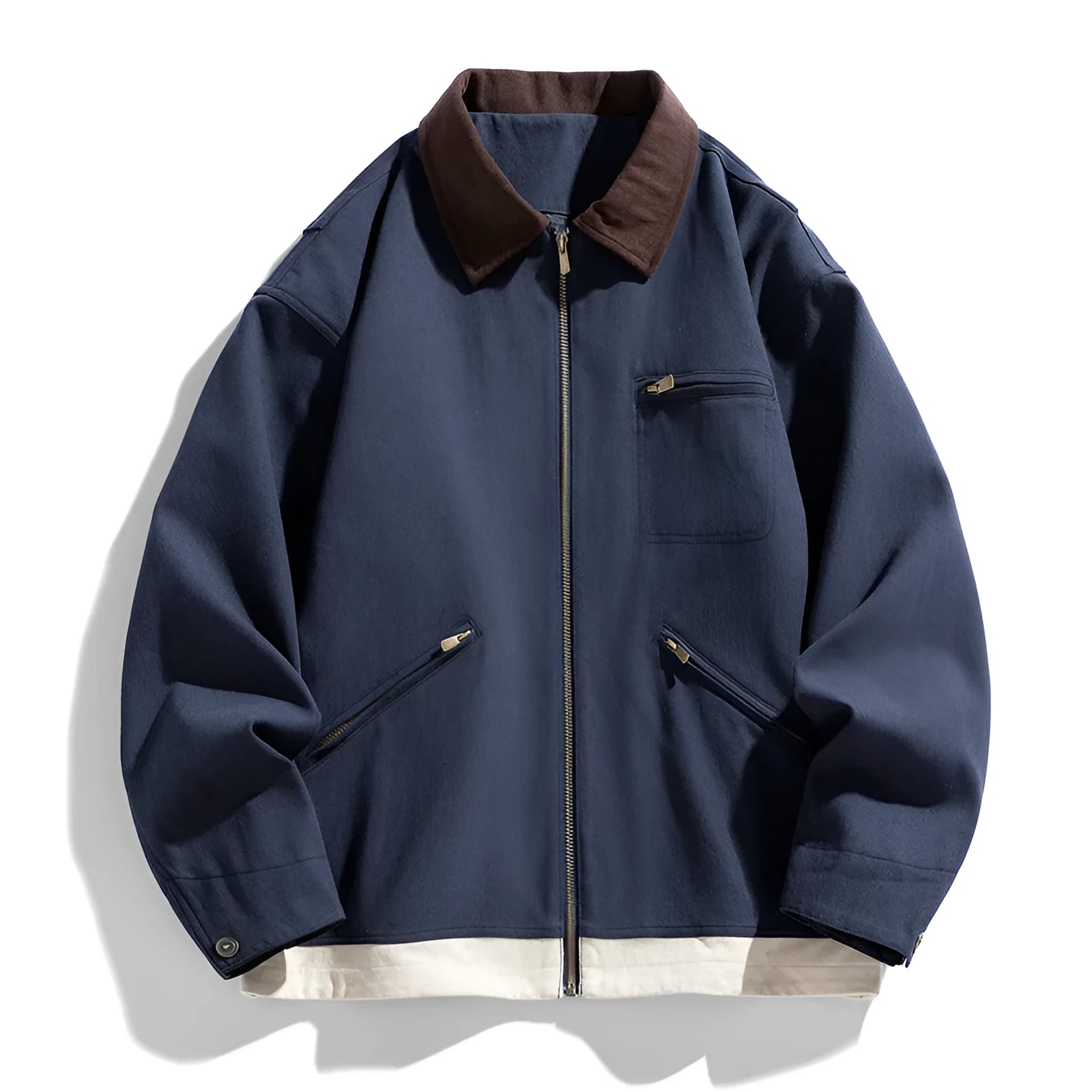 Men's loose-fit Korean-style workwear jacket with contrast colour lapels and side pockets