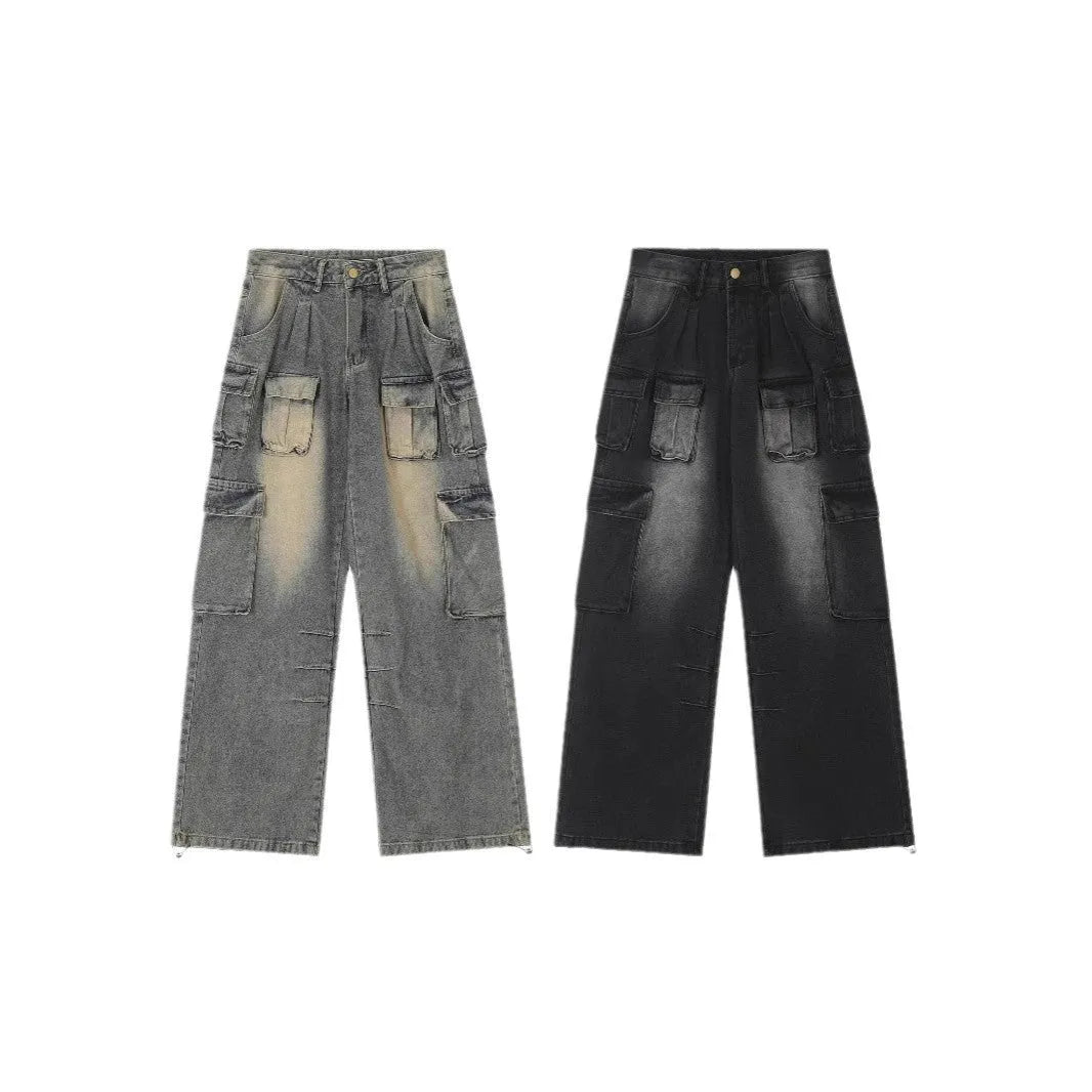 Multi-pocket loose fit distressed jeans in street hipster straight-leg style