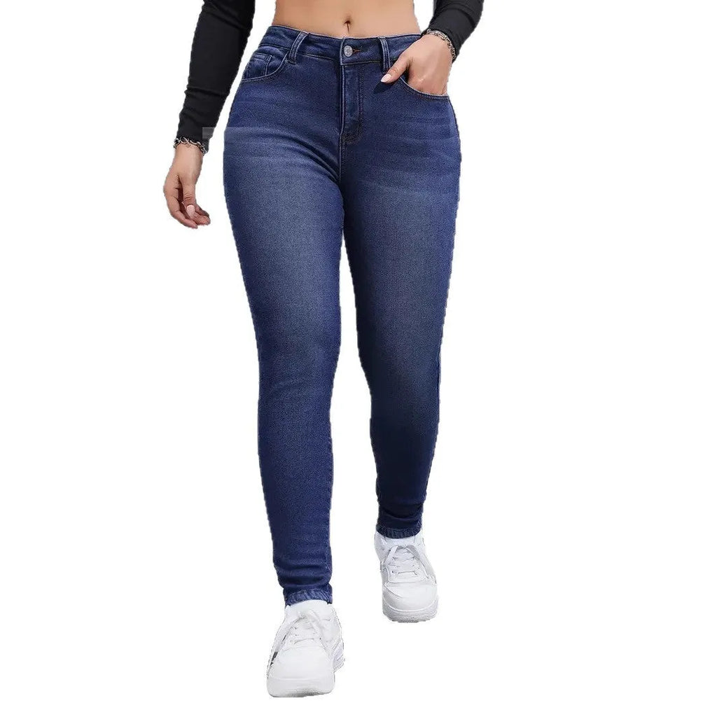 Blue women's brushed elastic skinny jeans cotton denim mid waist pencil pants autumn winter