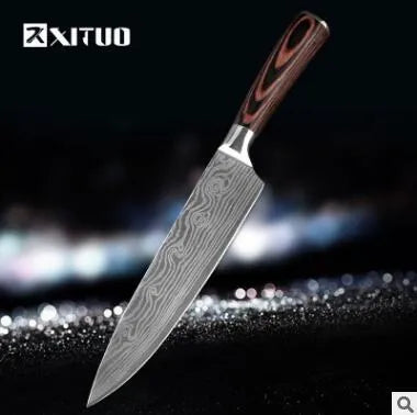 Kitchen knife set with 7Cr17 steel blades showing laser Damascus patterns and coloured wood handles