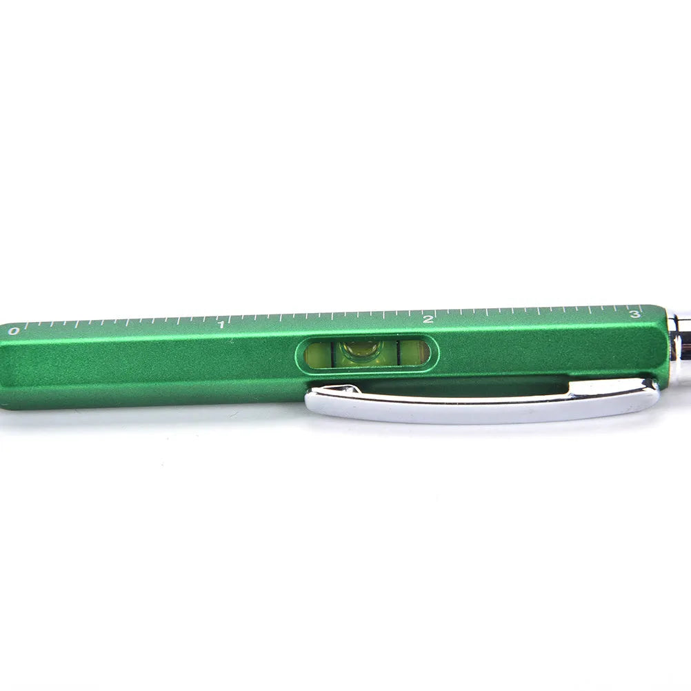 Black 6 in 1 multi-function touch screen stylus ballpoint pen with spirit level and screwdriver tips on white background
