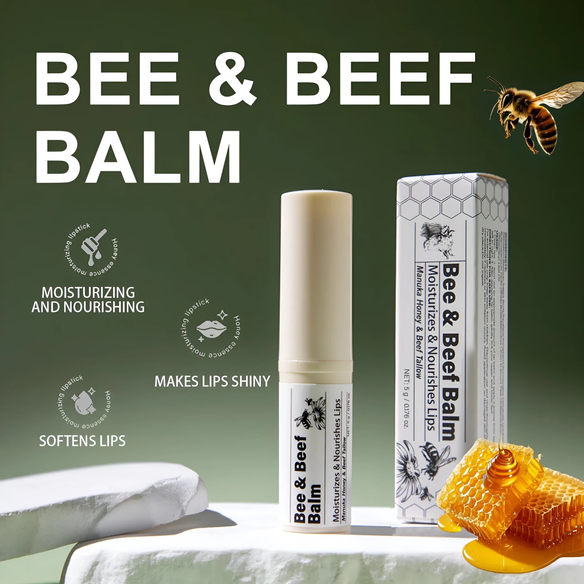 Organic Grass-fed Beef Fat Lip Balm in a 5g silver tin, 83mm tall.
