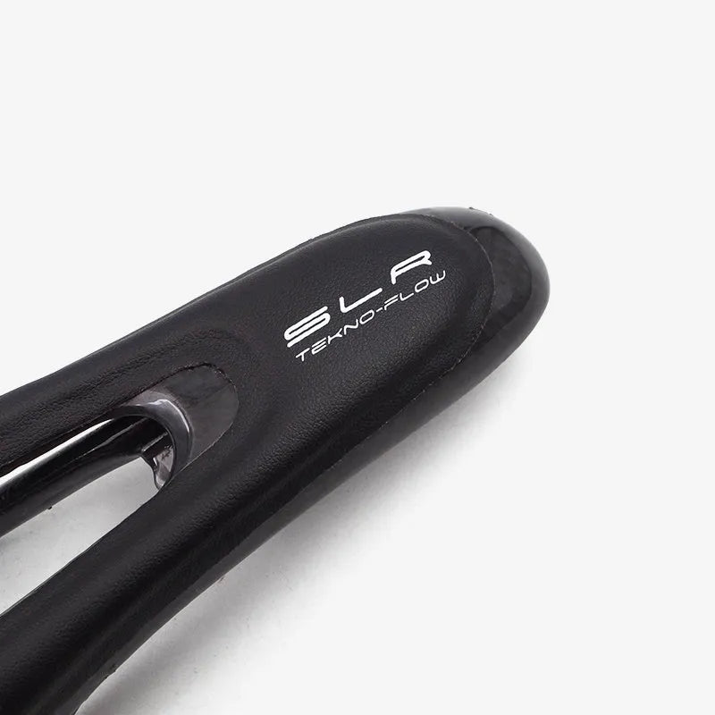 Carbon fibre bicycle saddle 272mm by 146mm in glossy black finish with standard rails