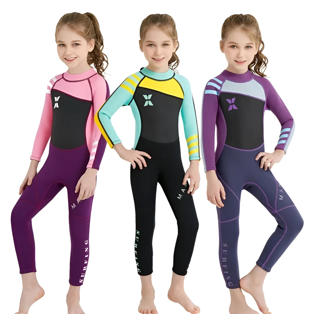 Children diving suit in black pink for girls, SCR neoprene wetsuit with long sleeves