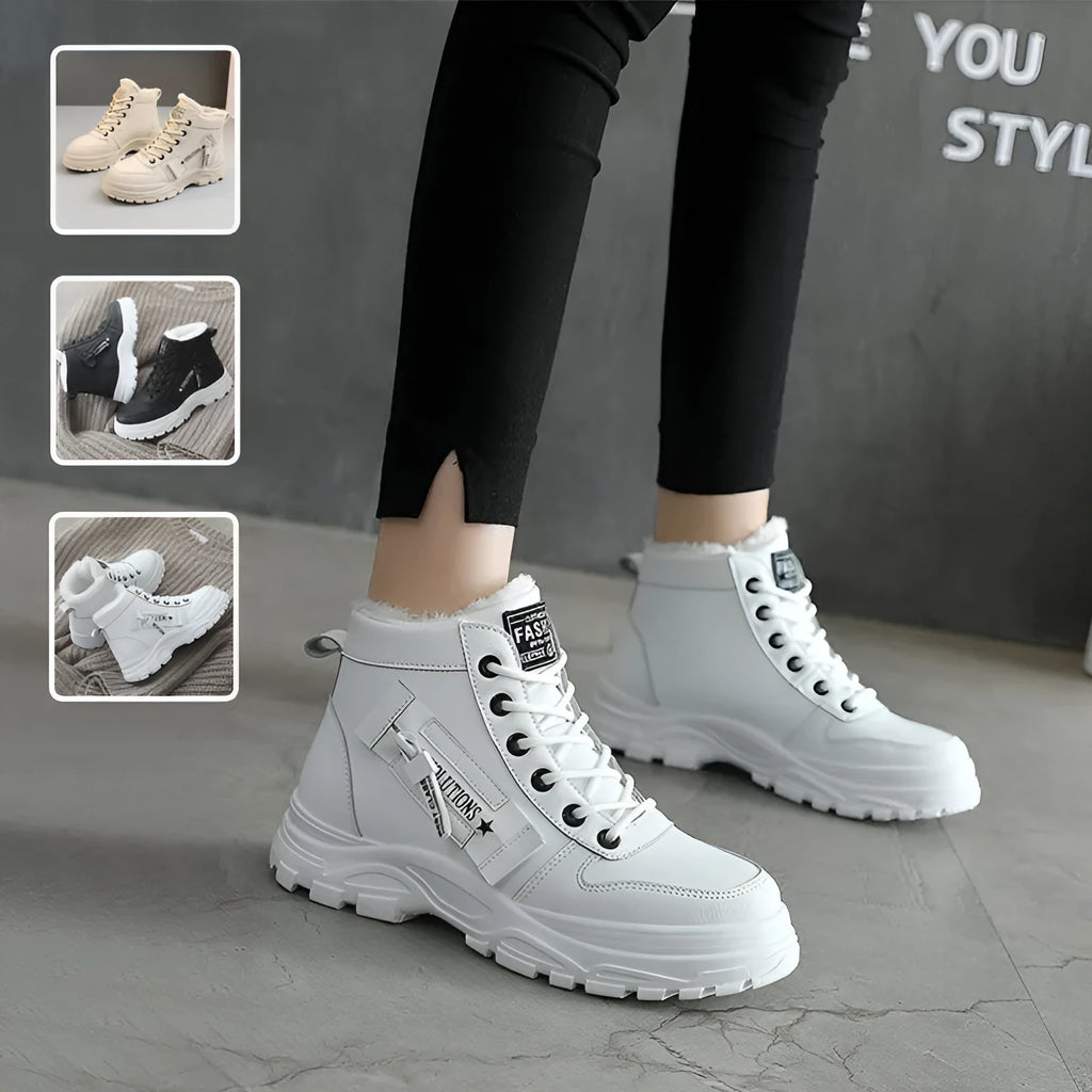 Fleece lace-up boots women winter warm flat heel round toe waterproof platform artificial PU leather stitching