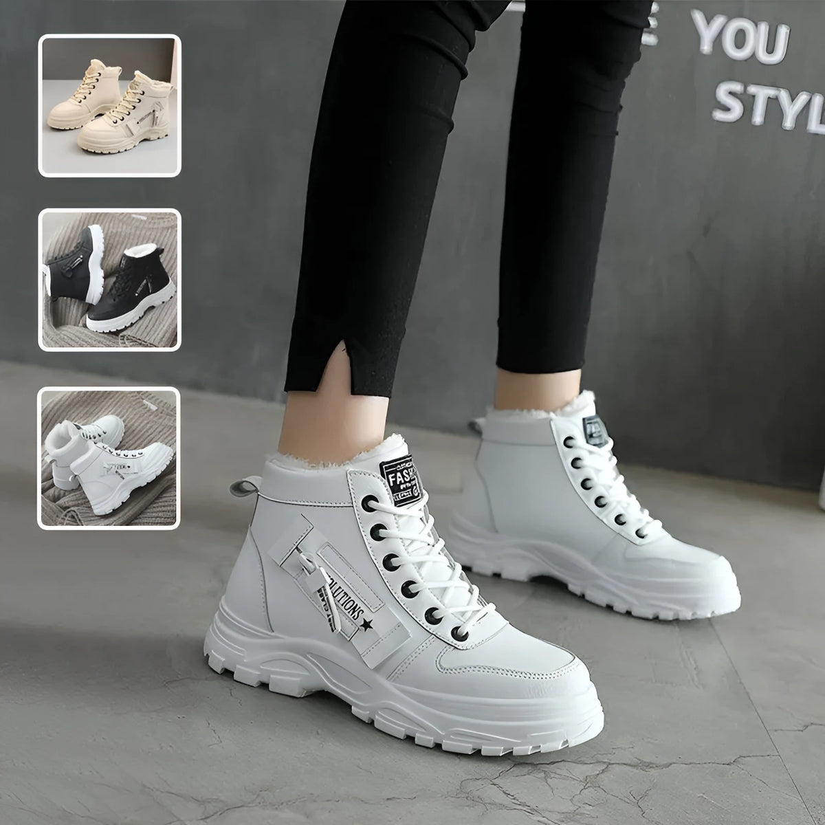 Fleece lace-up boots women winter warm flat heel round toe waterproof platform artificial PU leather stitching
