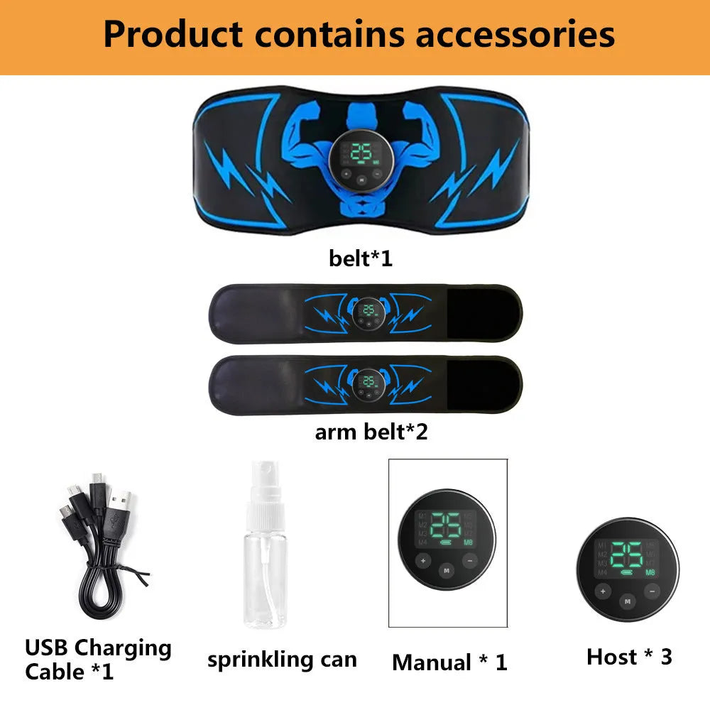 Blue EMS abdominal training belt with wireless remote control and arm stickers
