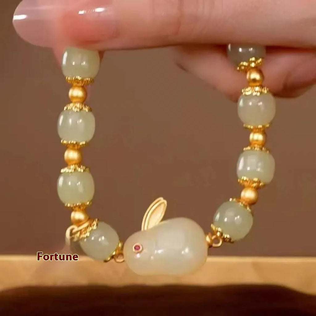 Green Chinese-style jade hare zodiac bracelet for women with electroplated mixed material construction