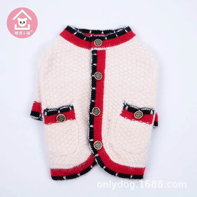 Blue wool pet cardigan with princess styling on dog model showing classic design
