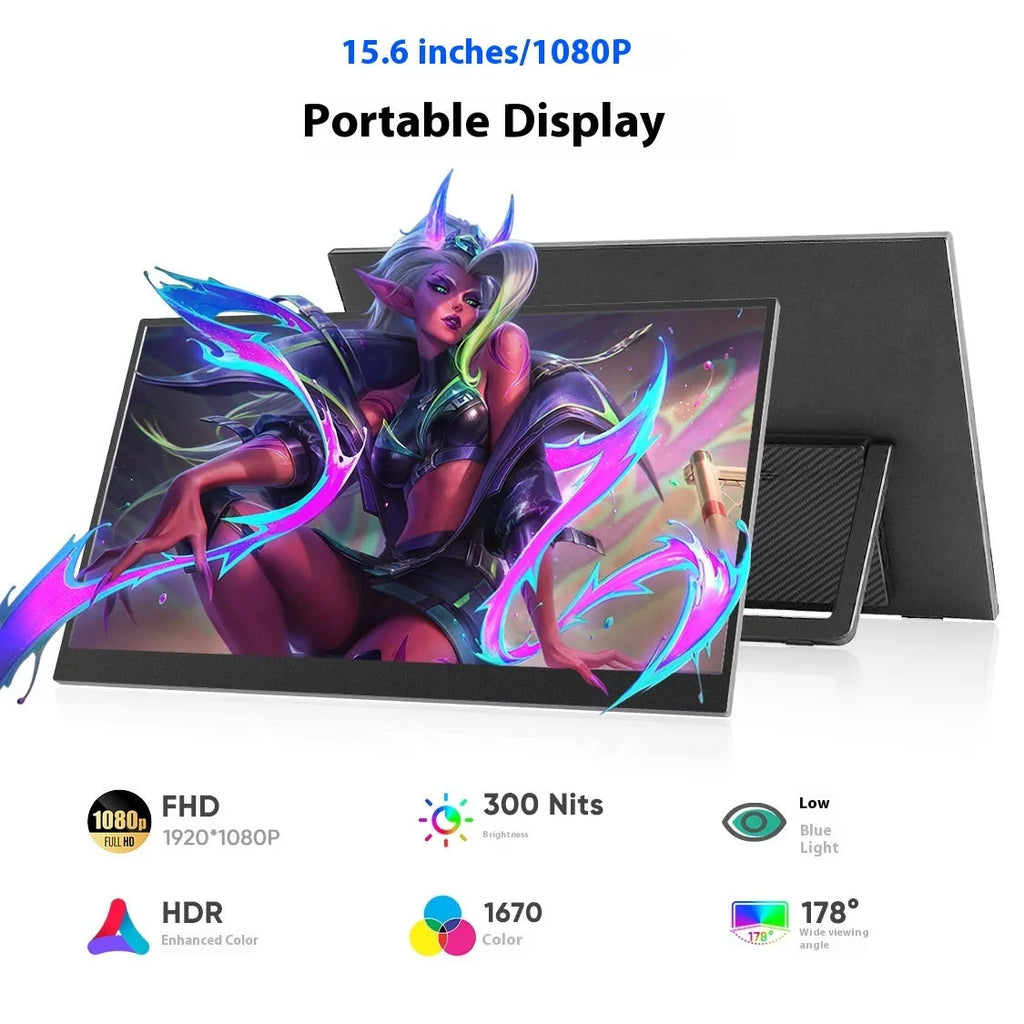15.6-inch black portable monitor with adjustable stand on desk