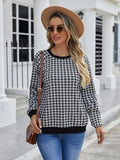 Black Japanese plaid pullover sweater with printed stripe patterns and long sleeves