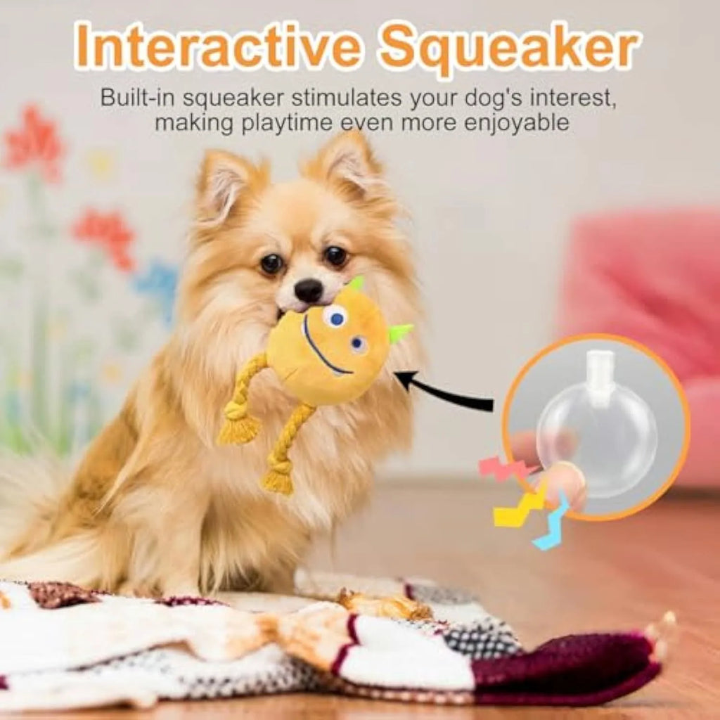 2pcs squeaky rope plush dog toys in blue and yellow for small dogs, puppies, and medium breeds