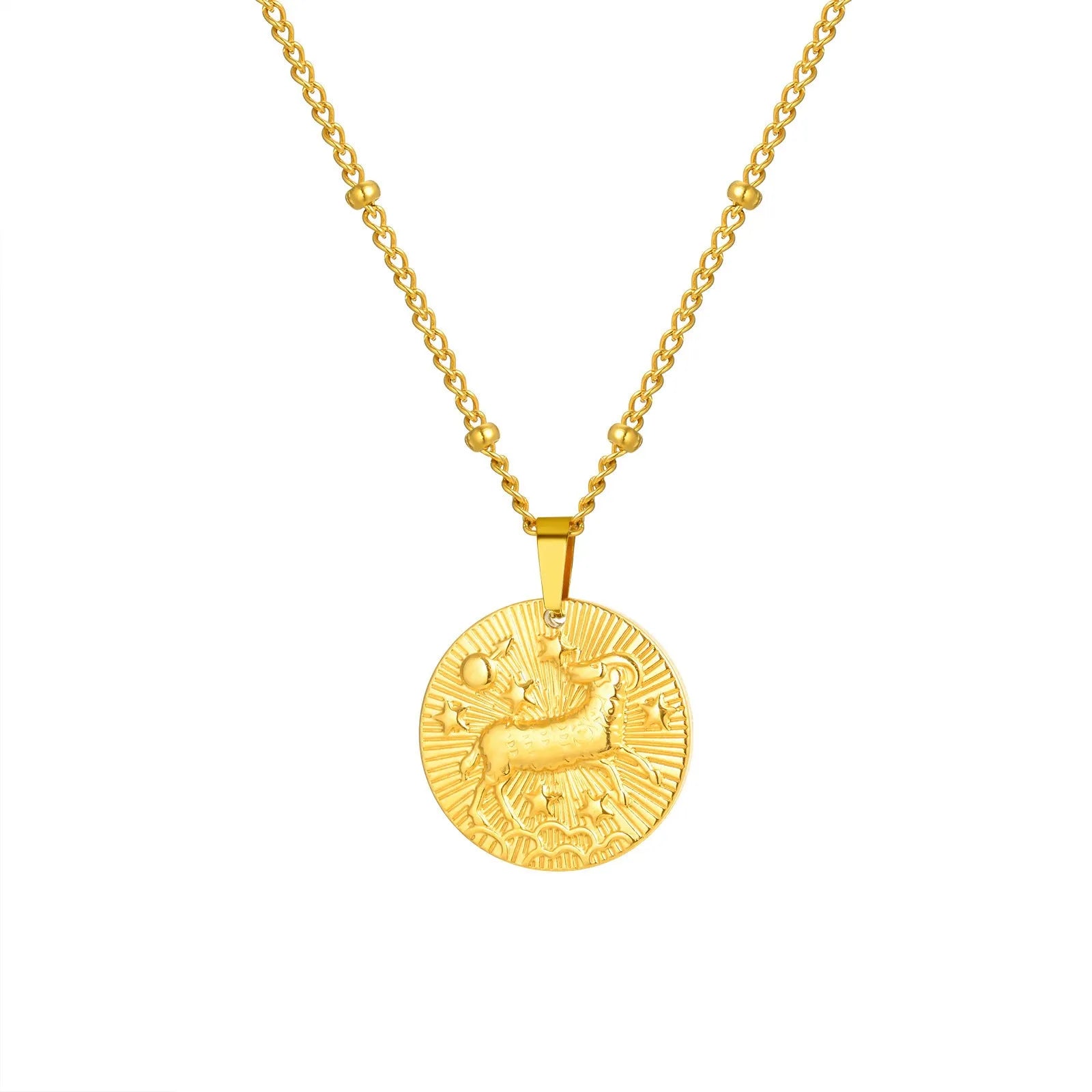 Stainless steel zodiac necklace with round pendant showing embossed constellation design on a cross chain.