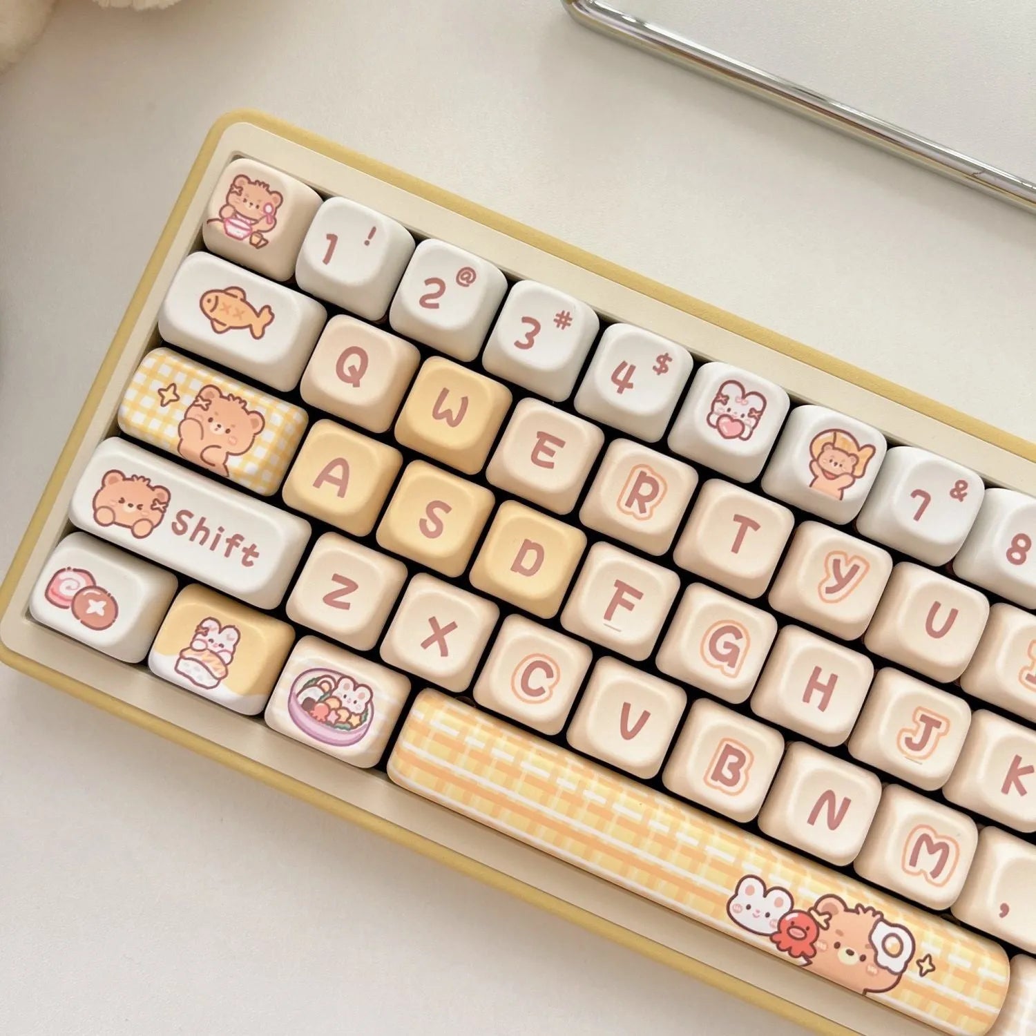Set of 140 PBT plastic keyboard keycaps with Rabbit Bear Restaurant design in EOA height profile.