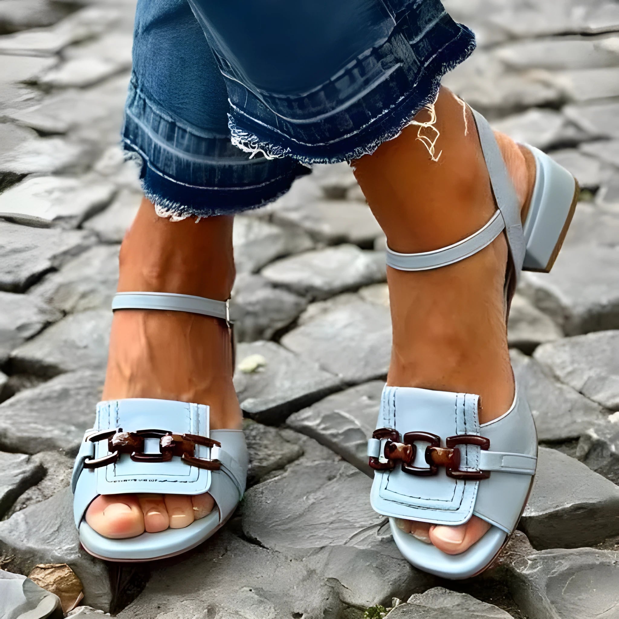 Casual low heel square toe buckle sandals in blue suede with open toe and rubber sole