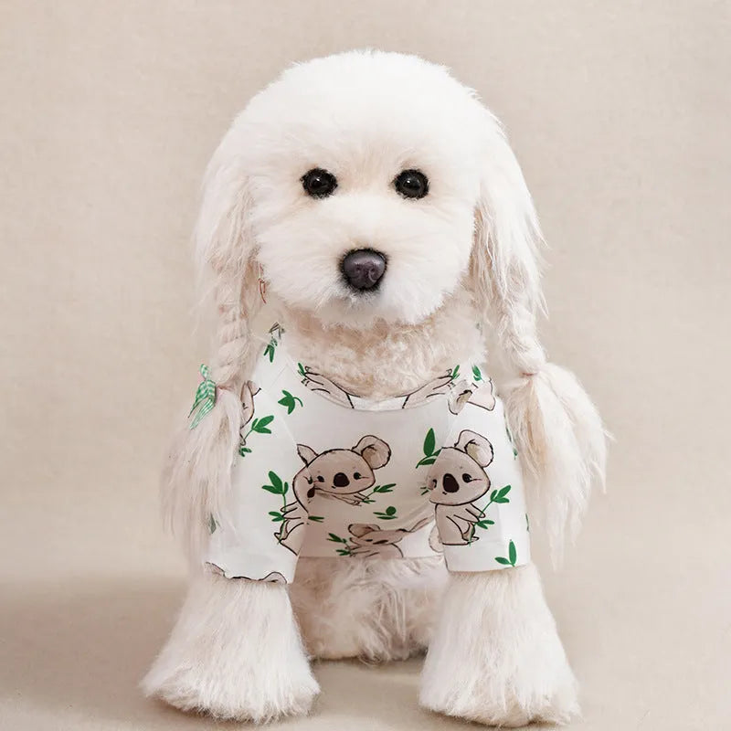 Small dog wearing a full printed casual t-shirt in one of the available colour options.
