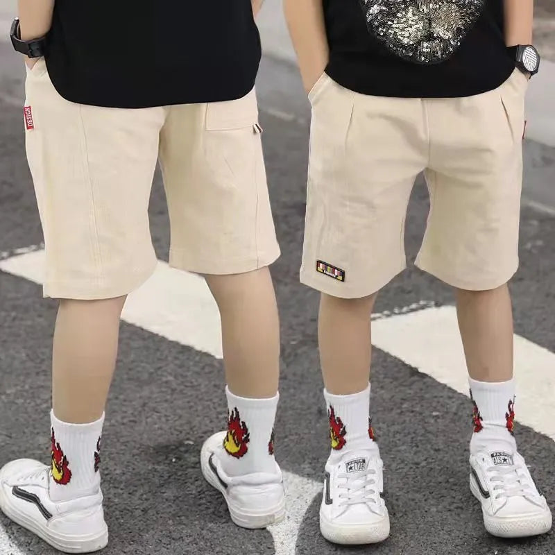 Summer boys cotton shorts with tether fly and cropped length in five colours black cyan green khaki yellow