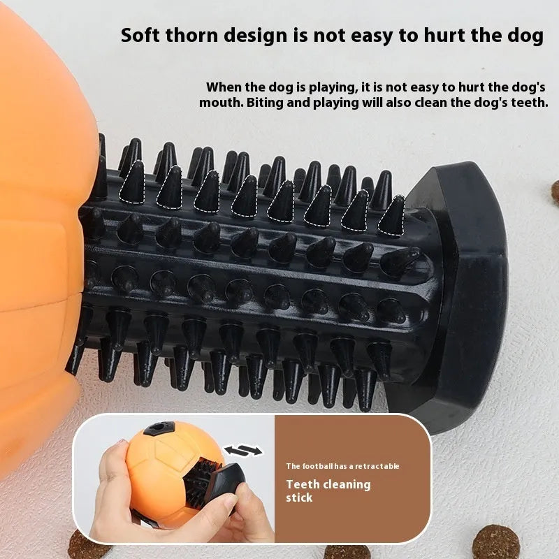 Orange and white TPR rubber dog toy ball showing hollow and teeth cleaning stick variations
