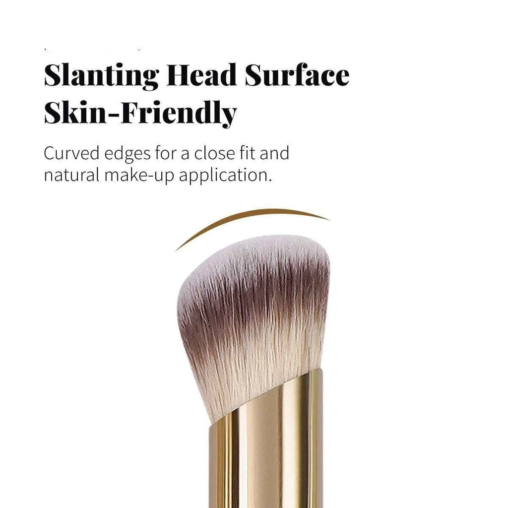 Apricot coloured MAANGE five-piece synthetic makeup brush set with angled blush brush.